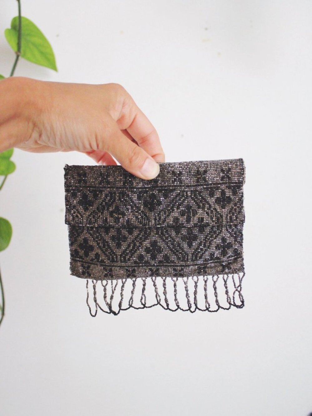 Vintage Steel-Cut Micro Beaded Evening Clutch Purse Geometric Fringe Art Deco Fl
